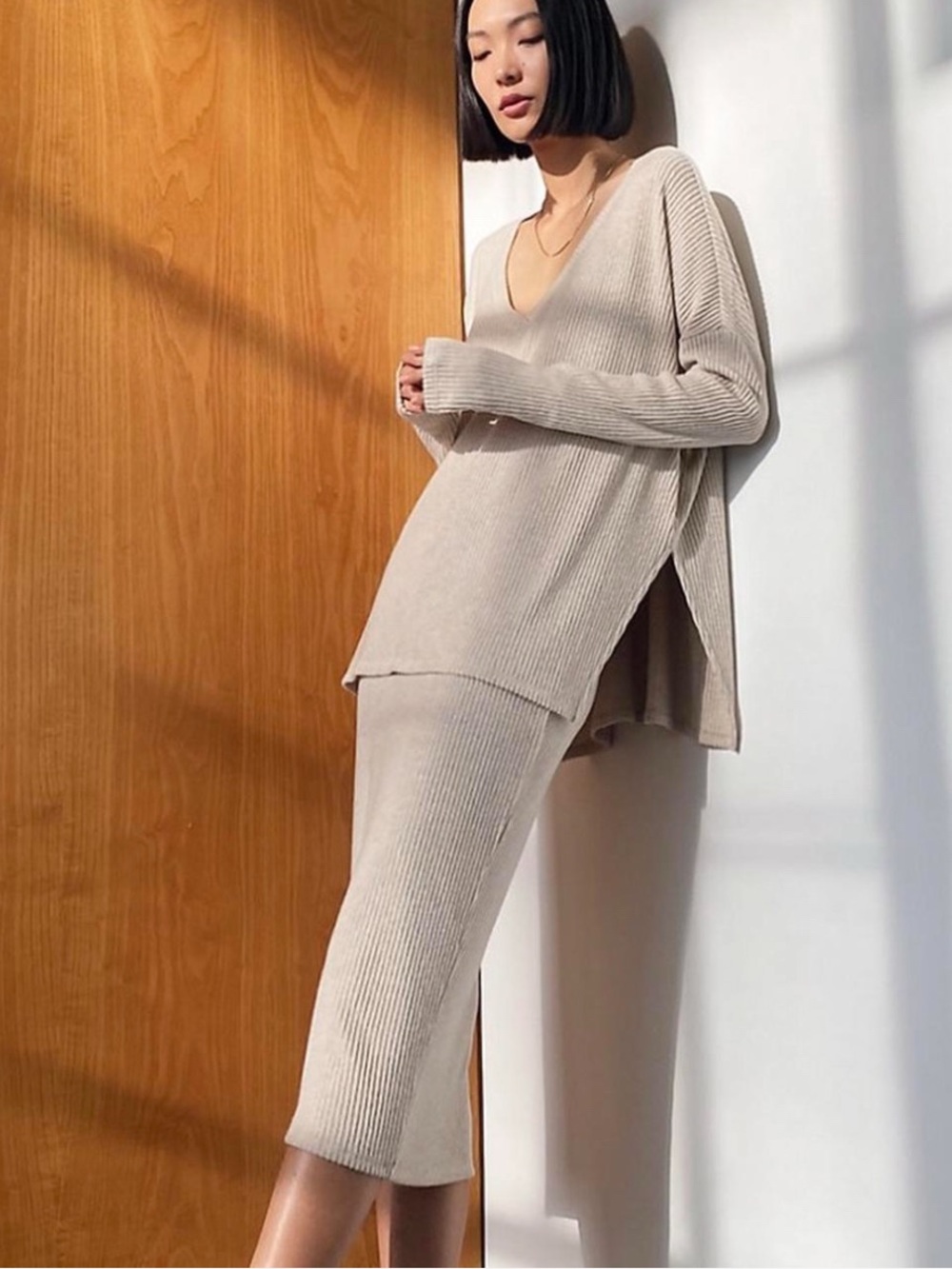 Babaton Ribbed V-Neck Lounge Set in Beige